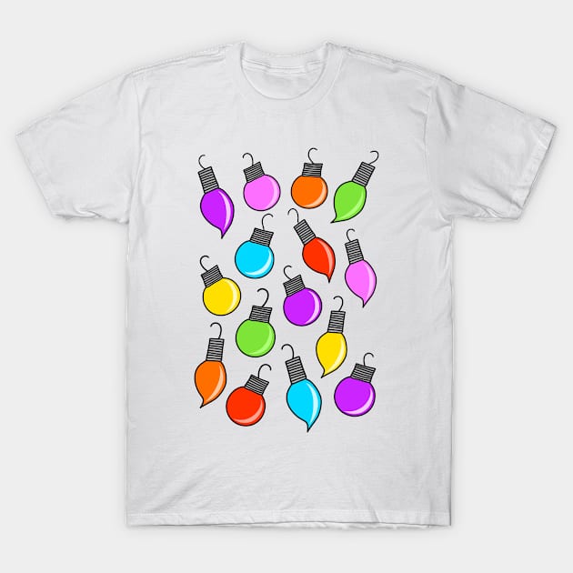 Colorful Rainbow Colored Christmas Ornaments Cartoon Pattern on a White Backdrop, made by EndlessEmporium T-Shirt by EndlessEmporium